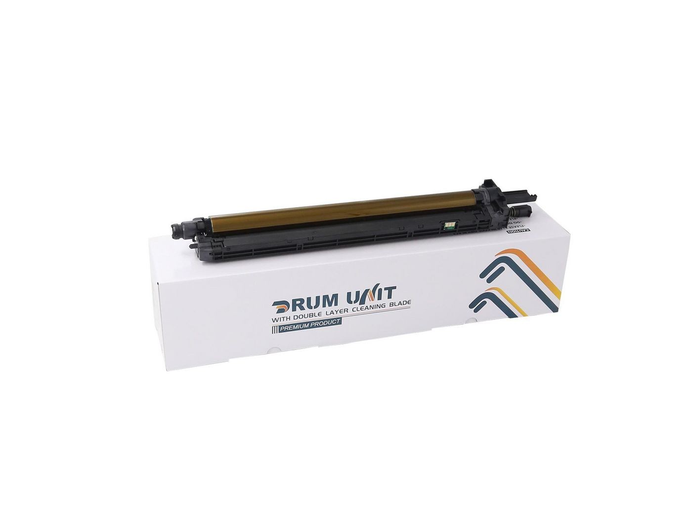 Black printer drum with a glossy finish and a gold-toned roller, packaged in a white box featuring colorful geometric designs and labeled "Drum Unit."