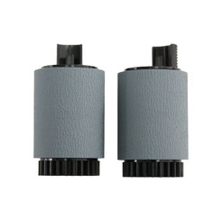 Two gray printer rollers with a textured surface and black bases, designed for use in printers, showcasing a cylindrical shape and a smooth finish.
