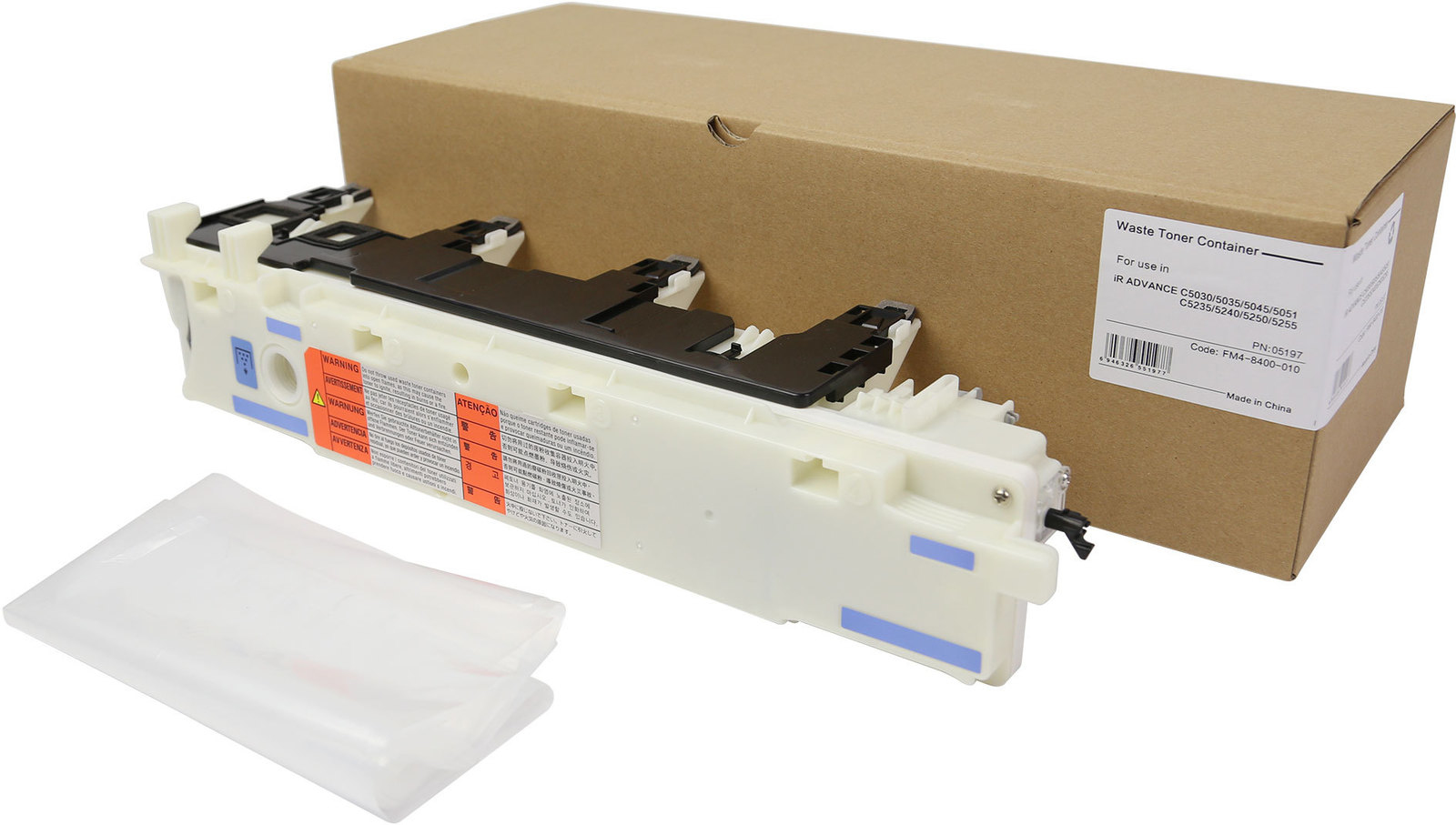 White plastic waste toner container with blue and red labels, featuring a black connector at one end, placed next to a brown cardboard box with product details.