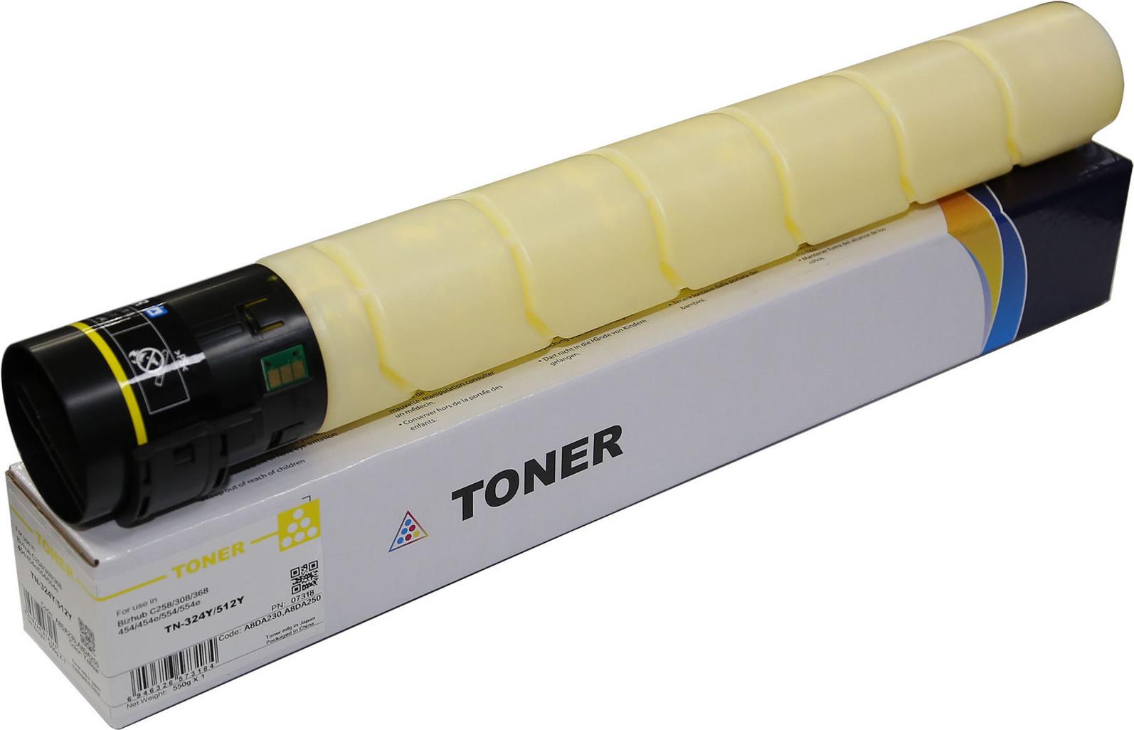 Yellow toner cartridge with a cylindrical design, featuring a black end cap and a white box labeled "TONER" with a logo and barcode.