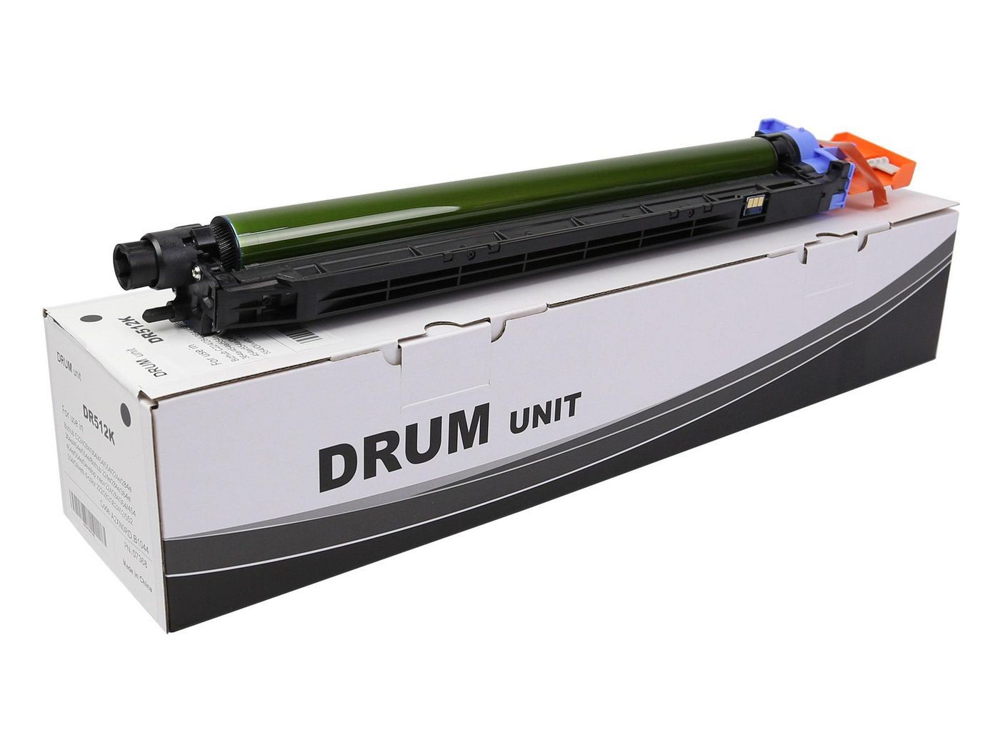 Green printer drum unit with a black casing, featuring a blue plastic clip, placed on a white box labeled "DRUM UNIT" in bold black text.