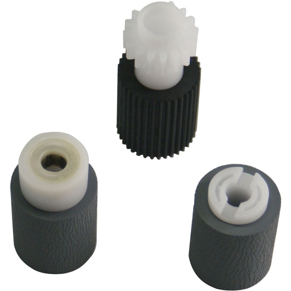 Three printer rollers in varying designs: one black with a textured surface, one white gear-like structure, and a white roller with a central opening.
