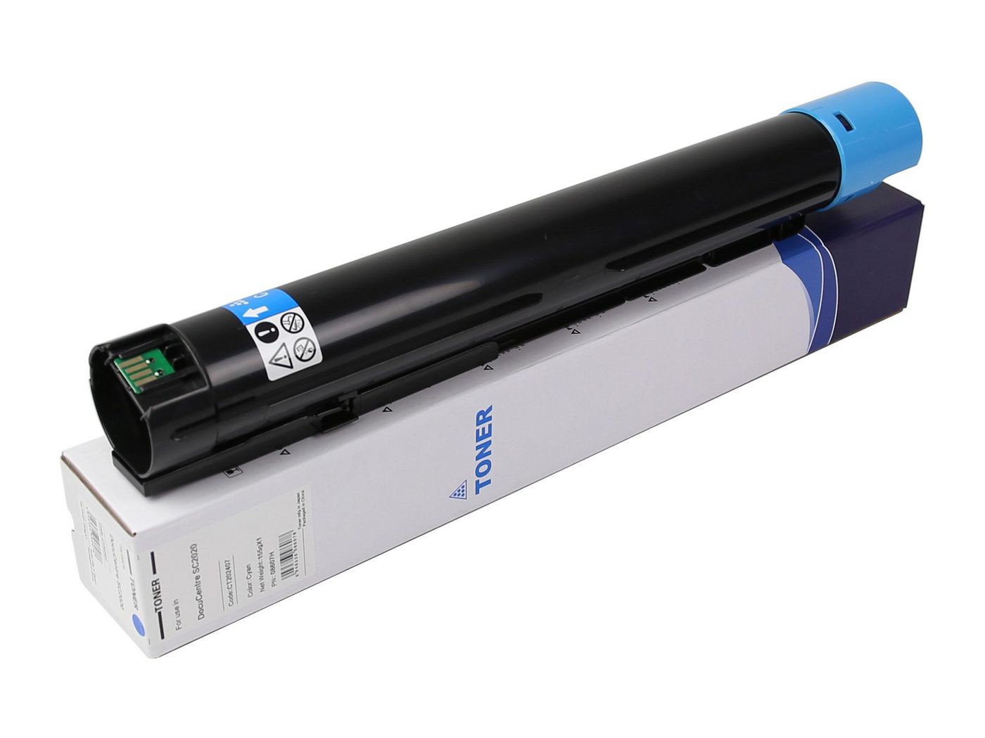 Cyan toner cartridge with a black body and blue end cap, packaged in a white box labeled "TONER" with product details and warnings.