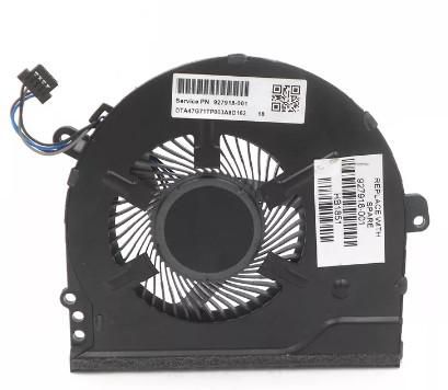 Black laptop cooling fan with a circular design, featuring a wire connector and a service label with a QR code and part number.