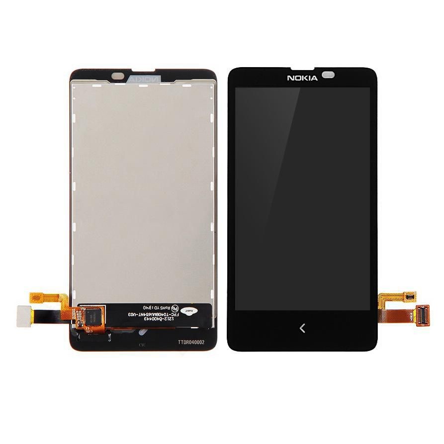 Black mobile phone display spare part with a glass front and a circuit board connector, designed for Nokia devices, featuring a sleek, modern design.