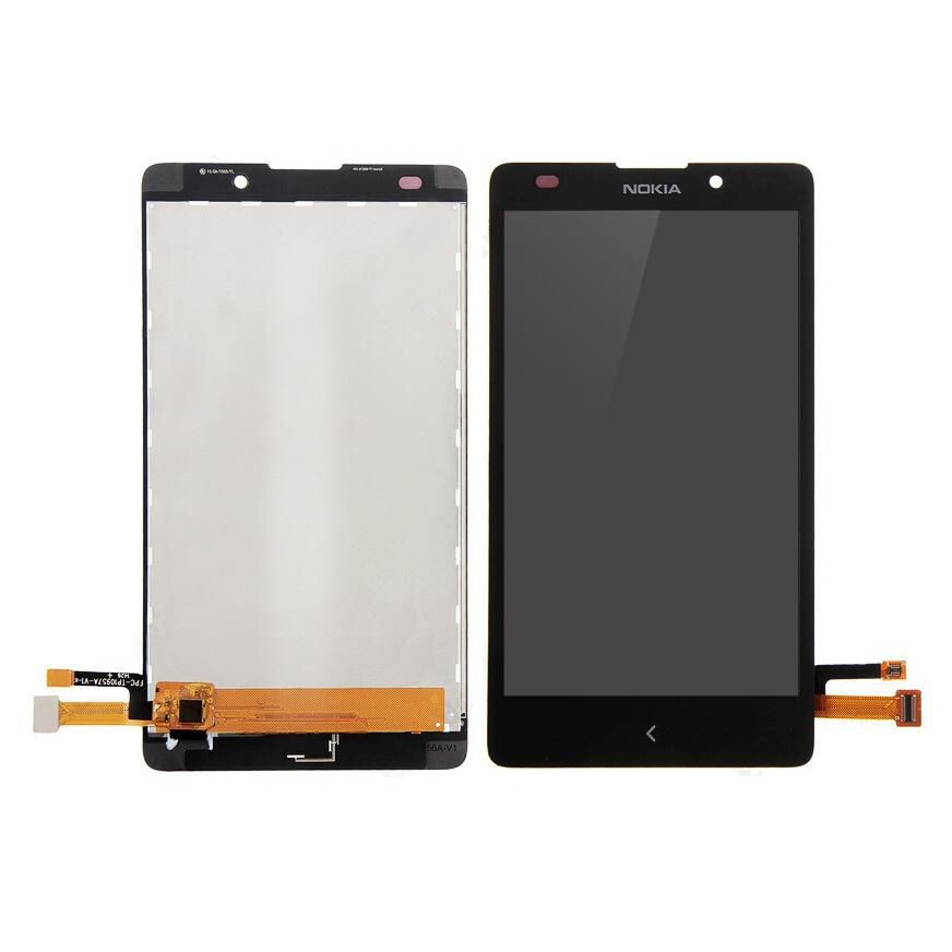 Black mobile phone display assembly featuring a glass front and an attached flex cable, designed as a spare part for Nokia devices.
