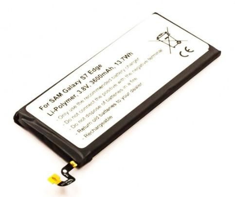 Black lithium polymer battery for Samsung Galaxy S7 Edge, featuring a label with specifications and safety instructions, and a connector at one end.