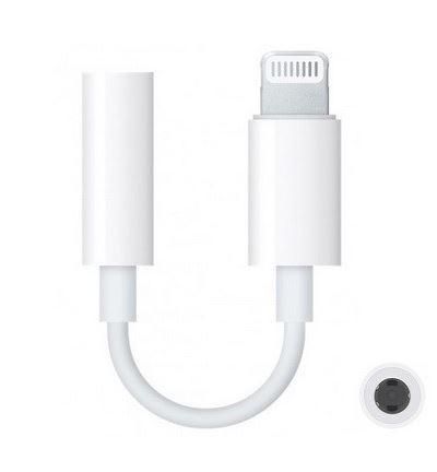 White cable gender changer featuring a Lightning connector on one end and a 3.5mm audio jack on the other, with a flexible white plastic body.