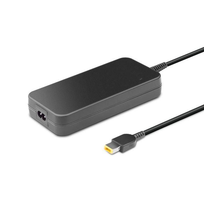 Black rectangular power adapter with a sleek design, featuring a 135W capacity, 20V output, and a yellow-tipped connector cable.