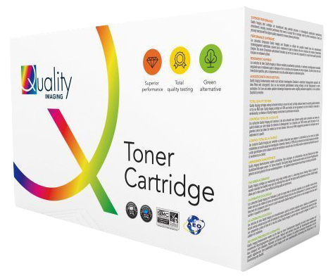 Magenta toner cartridge packaging featuring a colorful design with quality assurance icons, labeled "Toner Cartridge" and highlighting superior performance and eco-friendliness.