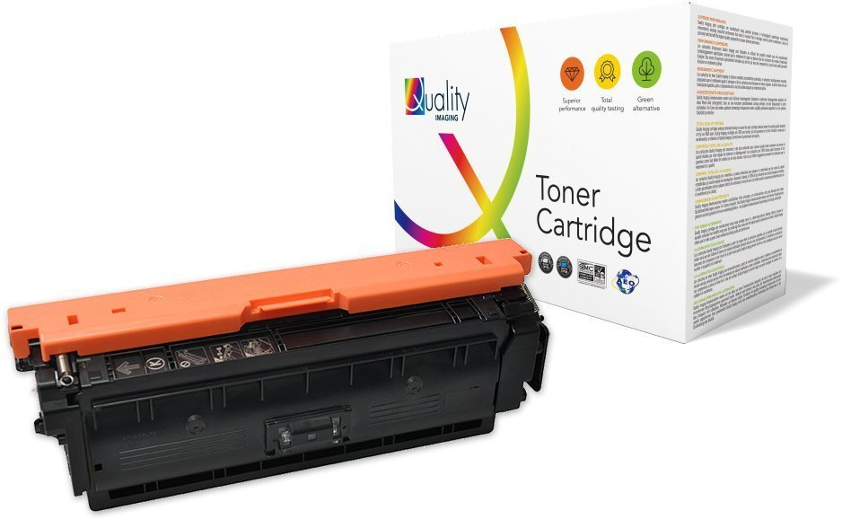 Black toner cartridge with an orange top, accompanied by a colorful box labeled "Toner Cartridge" featuring icons for performance and environmental impact.
