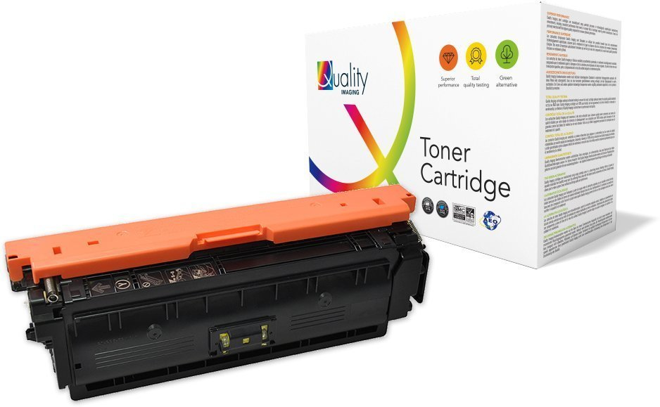 Yellow toner cartridge with a black body and an orange top, accompanied by a colorful box labeled "Toner Cartridge" featuring symbols for quality and performance.