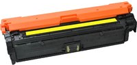 Yellow toner cartridge with a black base and an orange top, featuring a yellow stripe along the side, designed for compatibility with specific printers.