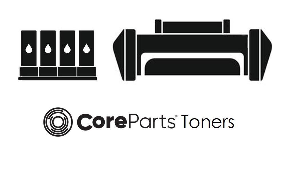 Black toner cartridge with a sleek design, featuring a prominent CoreParts logo, accompanied by four stylized ink droplet icons.