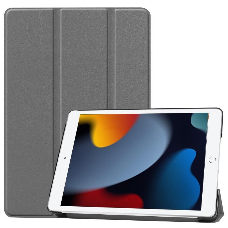 Gray folio tablet case for 10.2" devices, featuring a sleek design with a textured finish and foldable cover for easy viewing and protection.