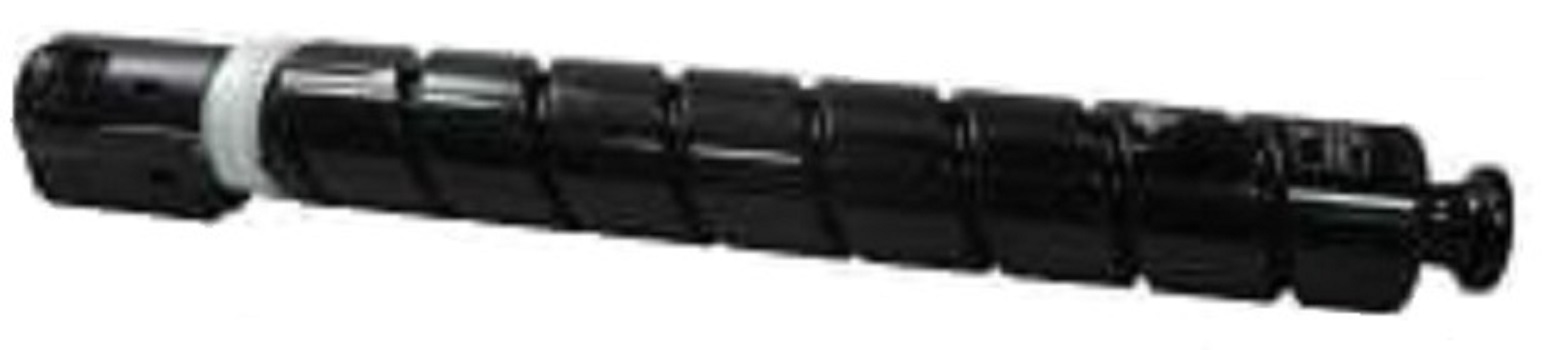 Black toner cartridge with a cylindrical shape, featuring a series of segmented sections and a connector at one end, designed for use in printers.
