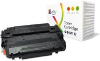 Black toner cartridge CE255X by CoreParts, featuring a sleek design with a transparent window, accompanied by a colorful box displaying toner compatibility icons.