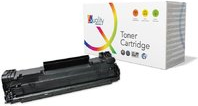 Black toner cartridge CE285A by CoreParts, featuring a sleek design, placed next to a colorful box displaying toner cartridge information and compatibility icons.