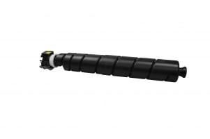 Black toner cartridge with a cylindrical shape, featuring a white connector end and a yellow indicator, designed for use in printers.