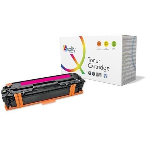 Magenta toner cartridge with a black plastic body and orange accents, accompanied by a white box featuring colorful branding and product information.