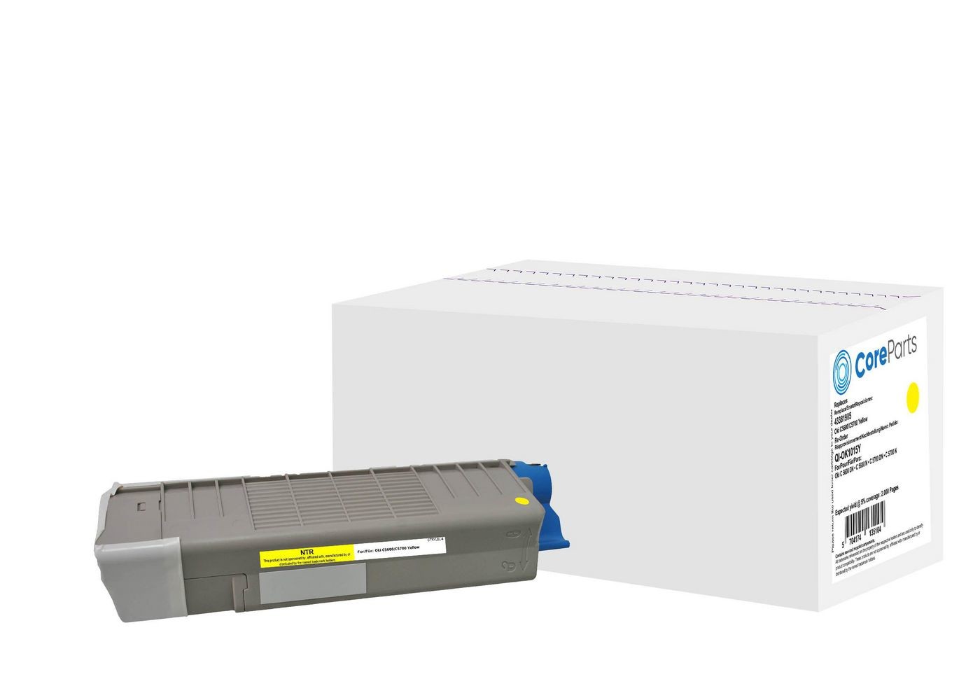 Yellow toner cartridge by CoreParts with a gray body and blue end cap, accompanied by a white box featuring a label with product details.