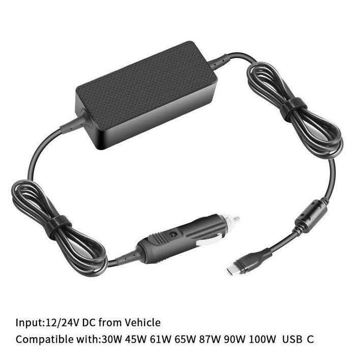 Black rectangular charger with a textured surface, featuring a USB-C output and a vehicle power plug, designed for compatibility with various wattages from 30W to 100W.