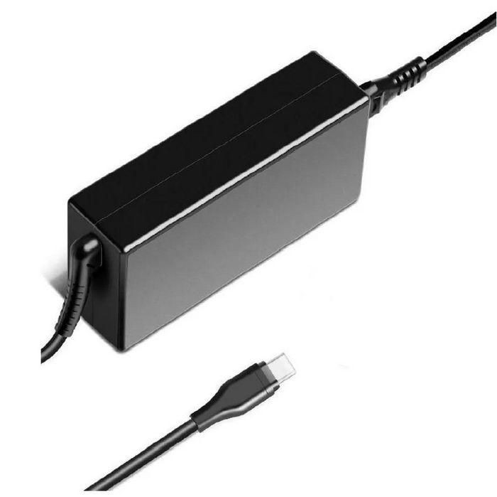 Black rectangular power adapter with a smooth finish, featuring a detachable USB-C cable for charging devices, designed for efficiency and portability.