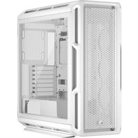 White Corsair 5000T Midi Tower with mesh front panel, tempered glass side, and angular design accents.