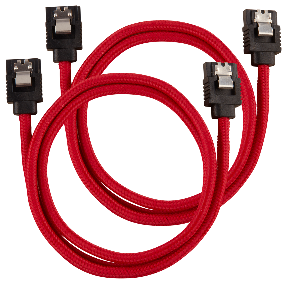 Red braided SATA cable measuring 0.6 meters, featuring two black connectors at each end, designed for high-performance data transfer.