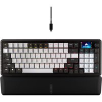 Black and white Corsair gaming keyboard with USB connection, QWERTY layout, UK English keys, and detachable wrist rest.