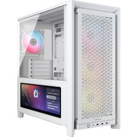 White Corsair FRAME 4000D LCD RS ARGB Midi Tower with mesh front panel, RGB fan, and side LCD display.