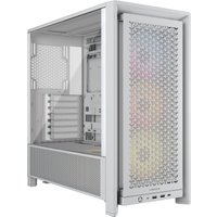 White Corsair FRAME 4000D RS ARGB Midi Tower with mesh front panel, RGB fans, and tempered glass side panel.