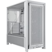 White Corsair FRAME 4000D RS Midi Tower with mesh front panel, tempered glass side, and multiple ventilation slots.