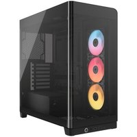 Black Corsair gaming PC case with tempered glass, ARGB fans, and sleek design.