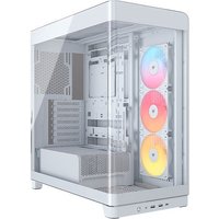 White Corsair gaming PC case with tempered glass, three ARGB fans, and front I/O ports.