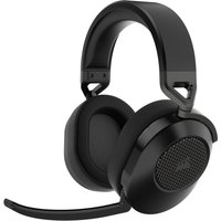 Black Corsair HS65 wireless gaming headset with cushioned ear cups, adjustable headband, and attached microphone.