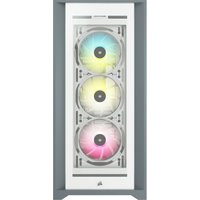 White Corsair iCUE 5000X RGB Midi Tower with three front RGB fans in blue, yellow, and pink behind a glass panel.