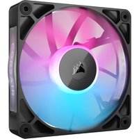 Corsair iCUE LINK RX120 RGB fan, black frame, translucent blades, vibrant pink and blue LED lighting.