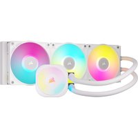 White Corsair iCUE LINK TITAN RX RGB liquid cooler with three 12 cm fans and colorful LED lighting.