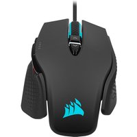 Black Corsair M65 RGB ULTRA gaming mouse with blue logo, textured grip, and scroll wheel, wired USB connection.