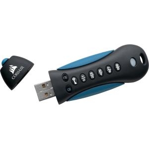 Black and blue Corsair Flash Padlock 64 GB USB 3.0 flash drive with a keypad for security and a removable cap, featuring a sleek, ergonomic design.