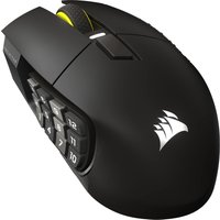 Black Corsair Scimitar Elite Wireless SE gaming mouse with side keypad, yellow scroll wheel, and Corsair logo.