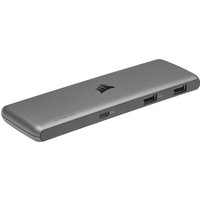 Grey Corsair USB100 hub with 7 ports, USB-C and USB-A, sleek rectangular design with Corsair logo on top.