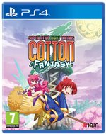 Colorful game cover featuring two characters, one with pink hair and a broom, set against a whimsical landscape with a large moon and vibrant colors, labeled "Cotton Fantasy - PlayStation 4."