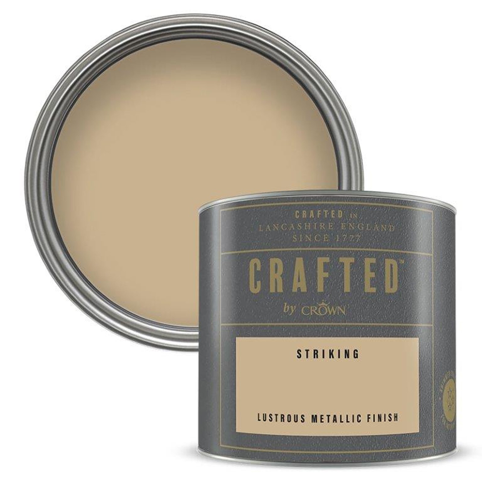 Lustrous metallic paint in a 125ml tin, featuring a sleek gray label with gold accents, labeled "Crafted by Crown" and "Striking," showcasing a creamy beige color.