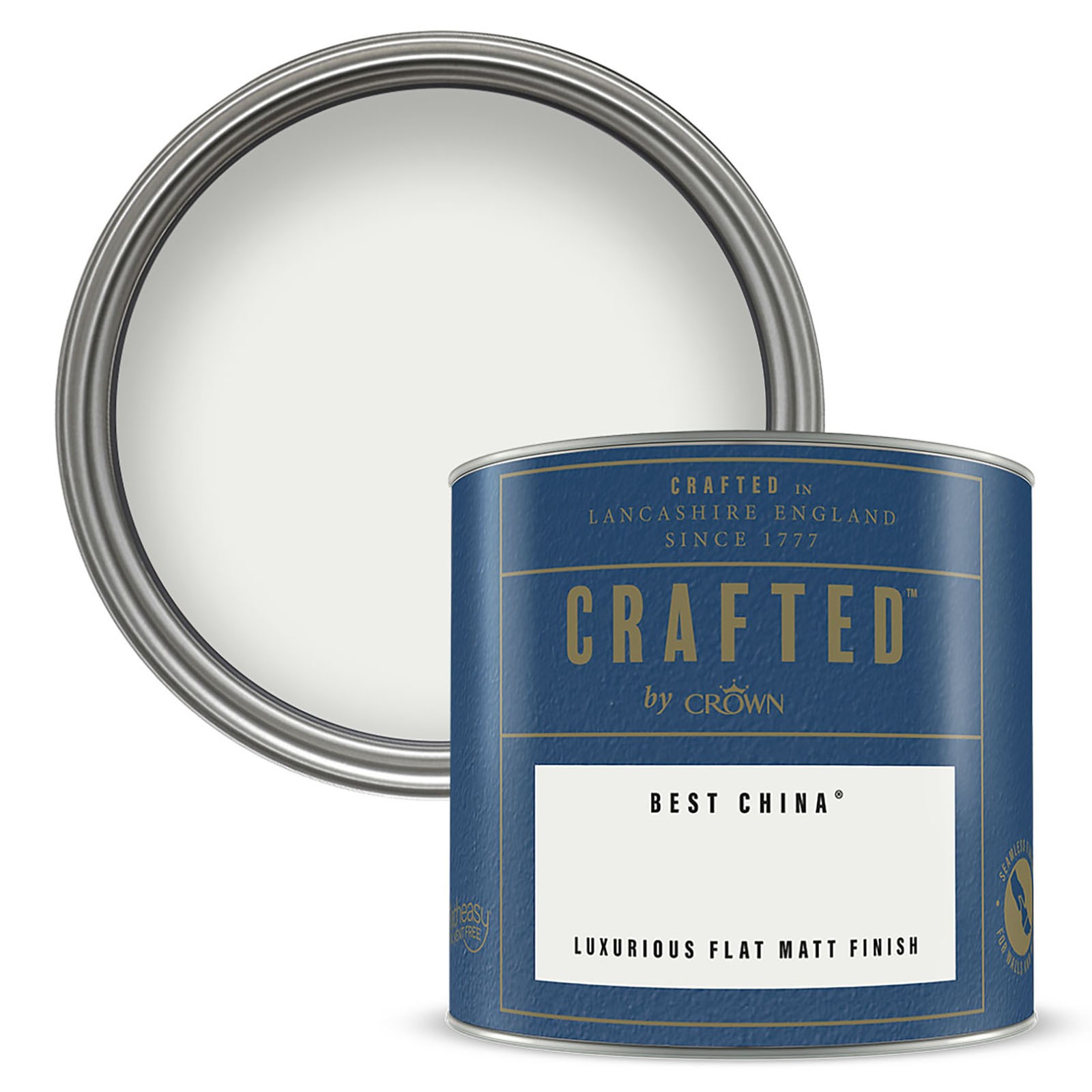 Crown's Crafted Best China 125ml paint can features a blue label with white text, showcasing a luxurious flat matt finish, and a silver lid partially removed to reveal the white paint inside.