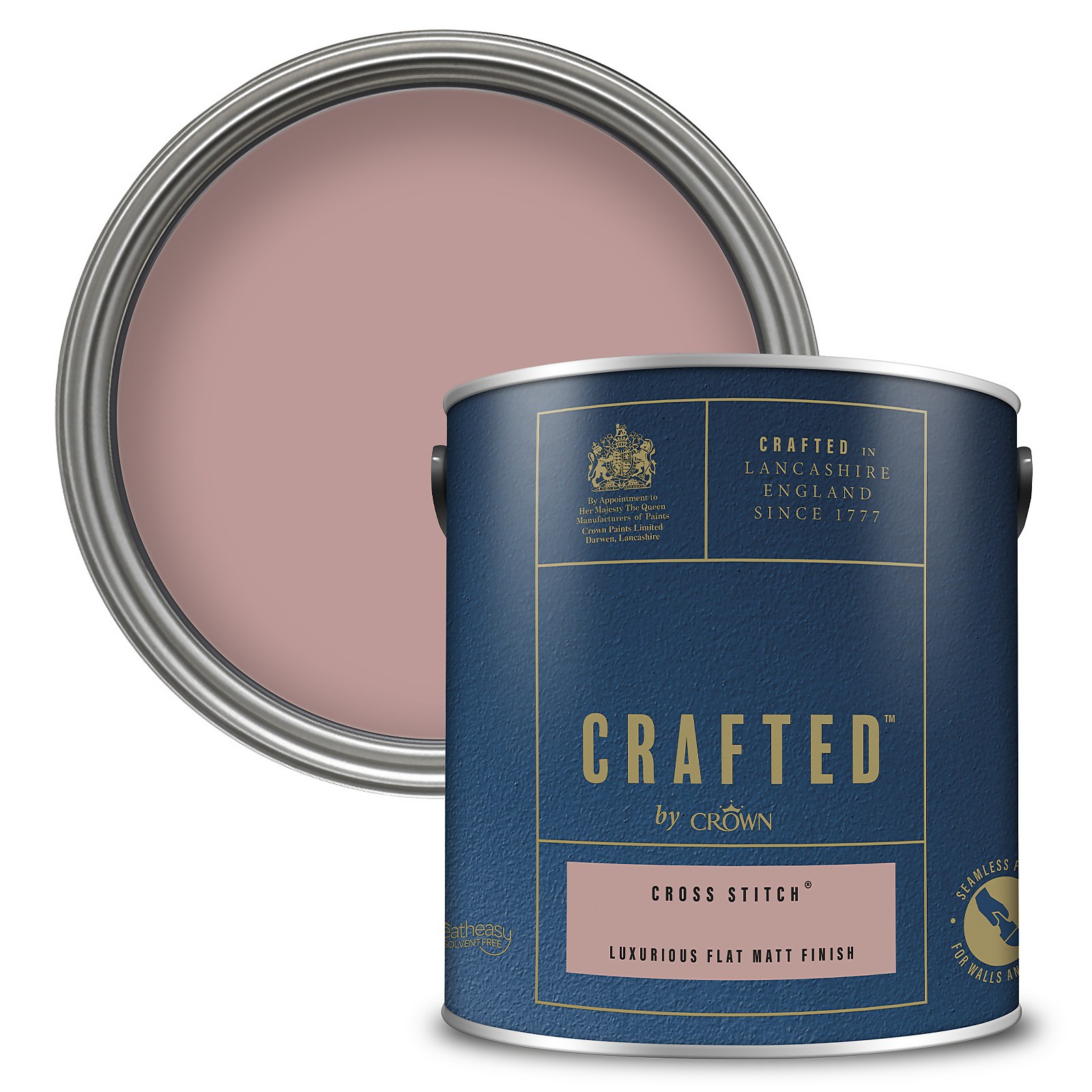 Luxurious flat matt emulsion paint in a 2.5L tin, featuring a rich pink color labeled "Cross Stitch" with a textured dark blue container and silver lid.