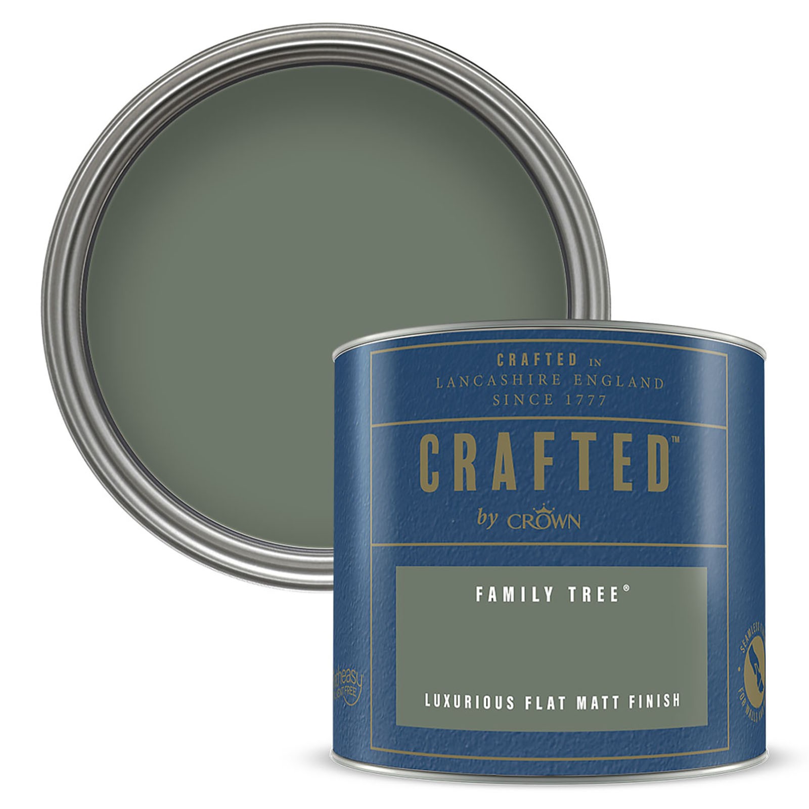 Luxurious flat matt emulsion paint in a 125ml tin, featuring a muted green shade labeled "Family Tree," with a sleek blue and silver design.