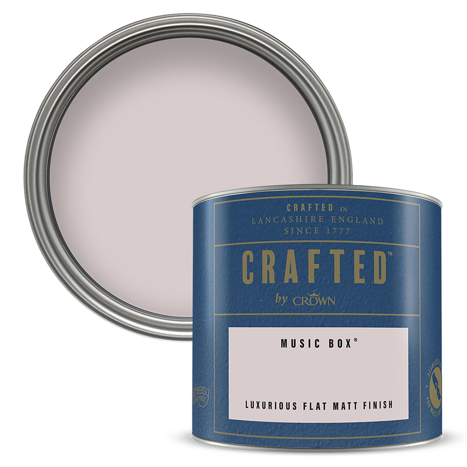 Crown's Crafted Luxurious Flat Matt Emulsion in Music Box, a 125ml tin featuring a deep blue label with gold accents and a light pink paint color inside.