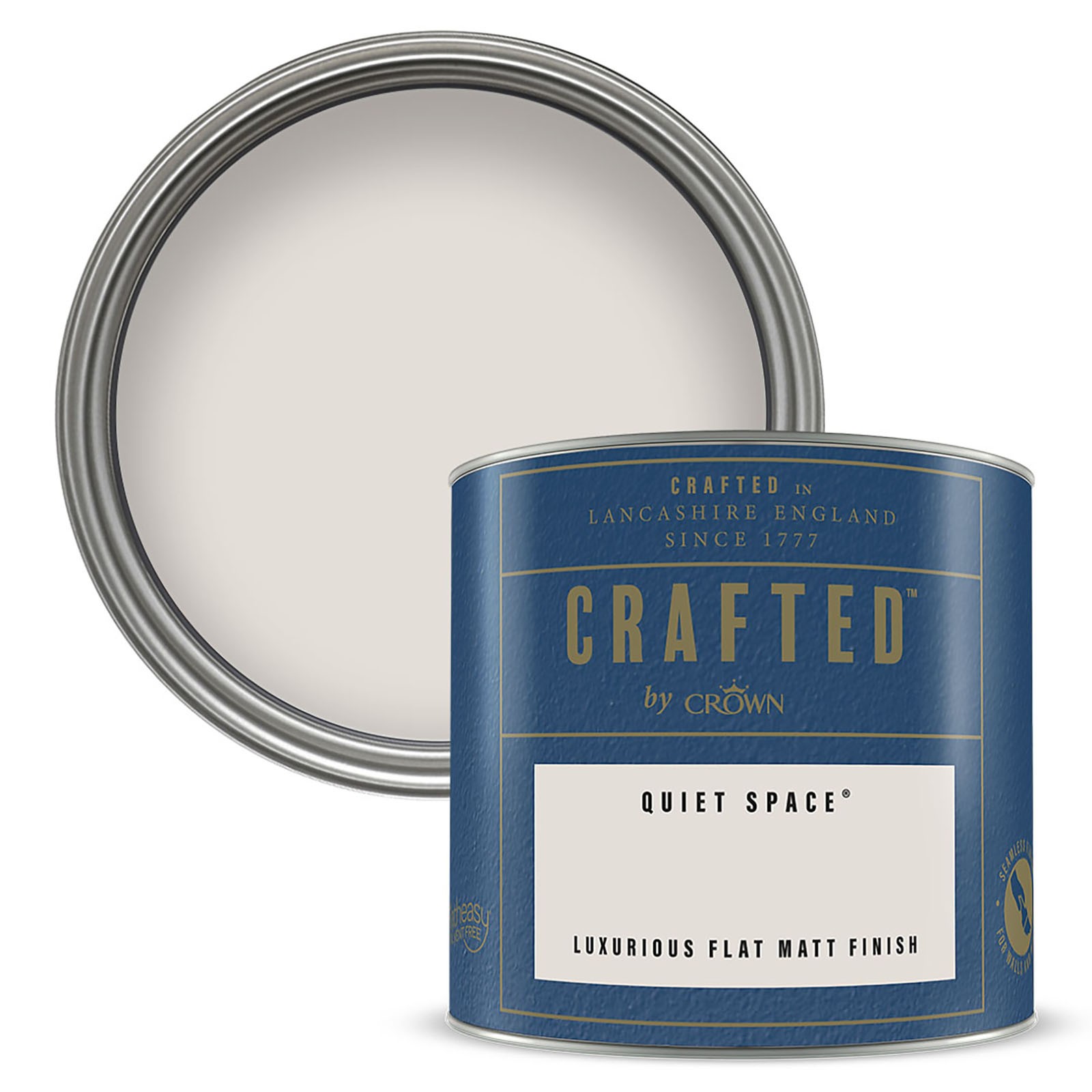 Crown's Crafted Luxurious Flat Matt Emulsion in Quiet Space, 125ml, features a sleek blue tin with a silver lid and a clean, minimalist label.